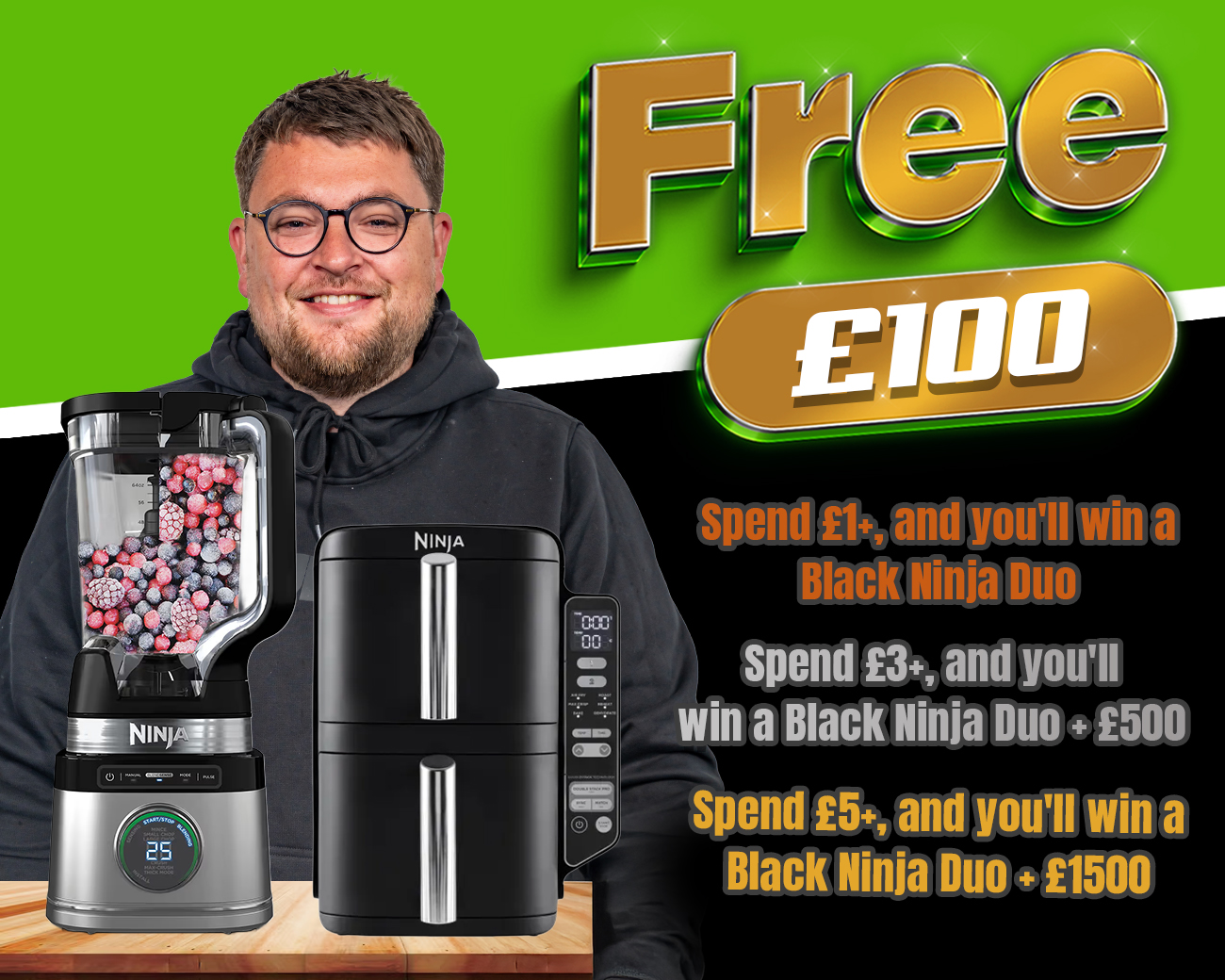 FREE ENTRY - WIN £100 | SPEND £1-£5+ AND WIN THIS BLACK NINJA DUO & CASH!