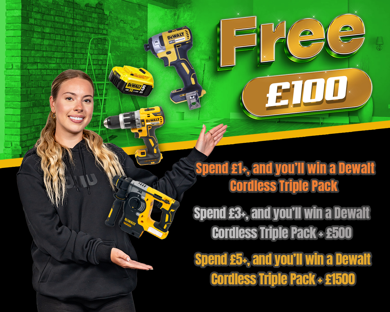 FREE ENTRY - WIN £100 | SPEND £1-£5+ & WIN DEWALT CORDLESS TRIPLE PACK & CASH!