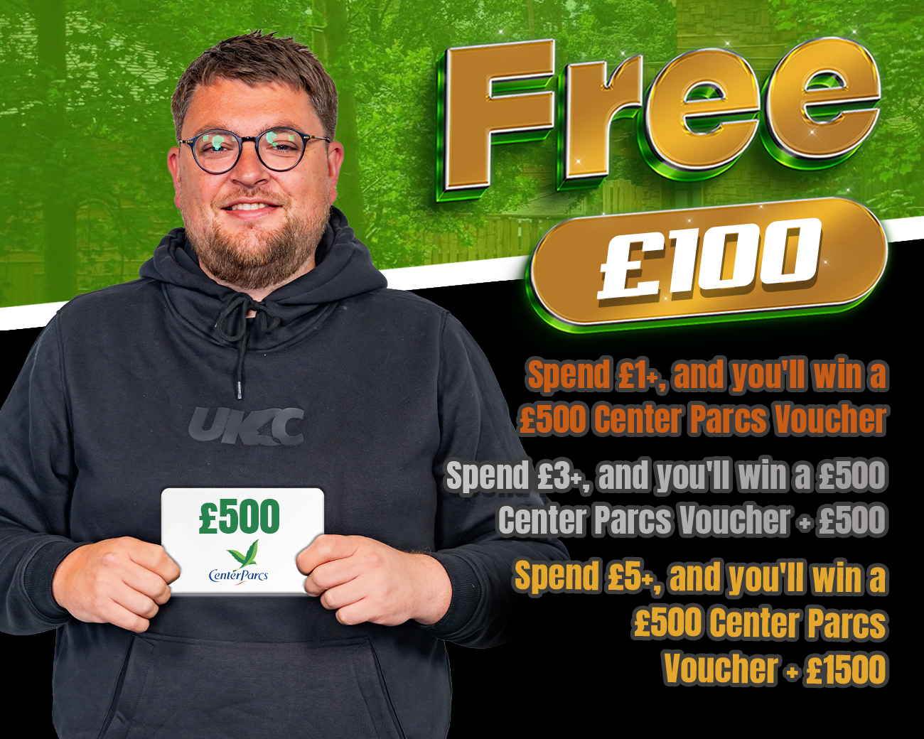 FREE ENTRY - WIN £100 | SPEND £1-£5+ AND WIN A £500 CENTER PARCS VOUCHER & CASH!