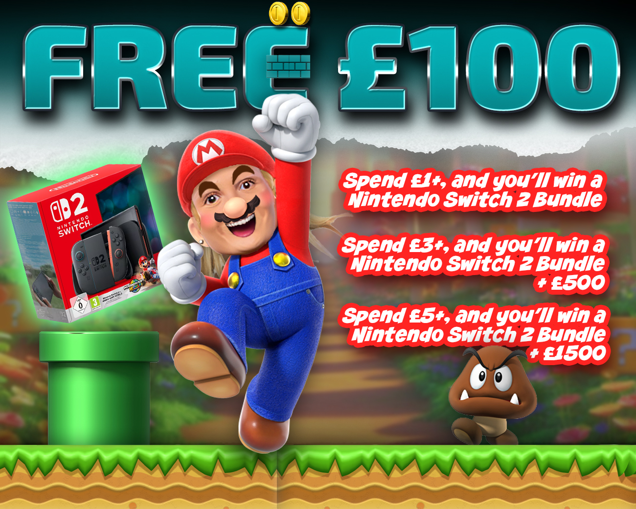 FREE ENTRY - WIN £100 | SPEND £1-£5+ AND WIN A NINTENDO SWITCH 2 BUNDLE & CASH!