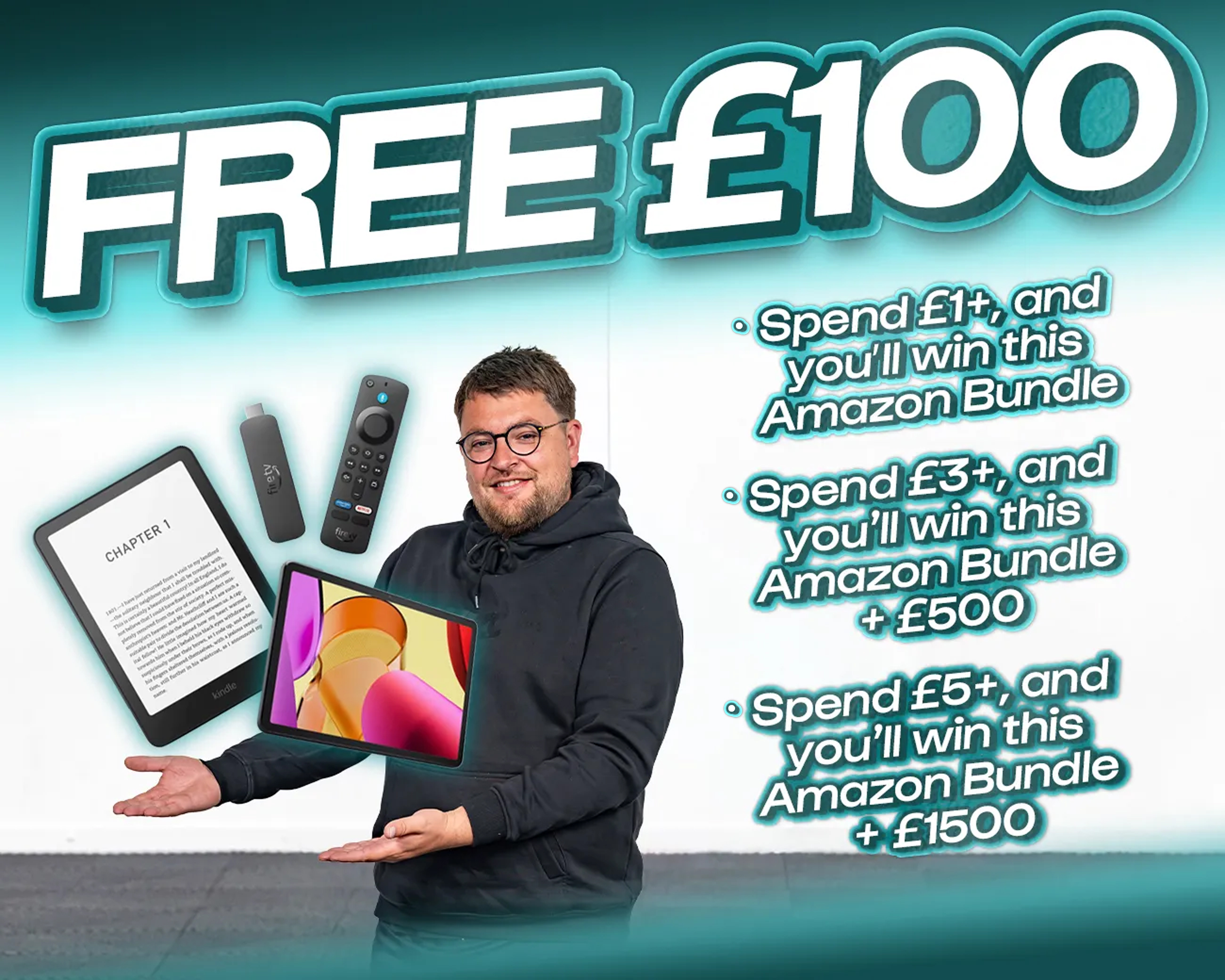 FREE ENTRY - WIN £100 | SPEND £1-£5+ AND WIN THIS AMAZON BUNDLE & CASH!