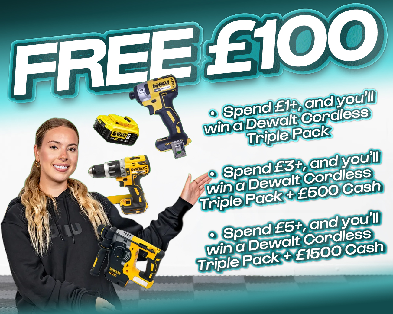 FREE ENTRY - WIN £100 | SPEND £1-£5+ & WIN DEWALT CORDLESS TRIPLE PACK & CASH!