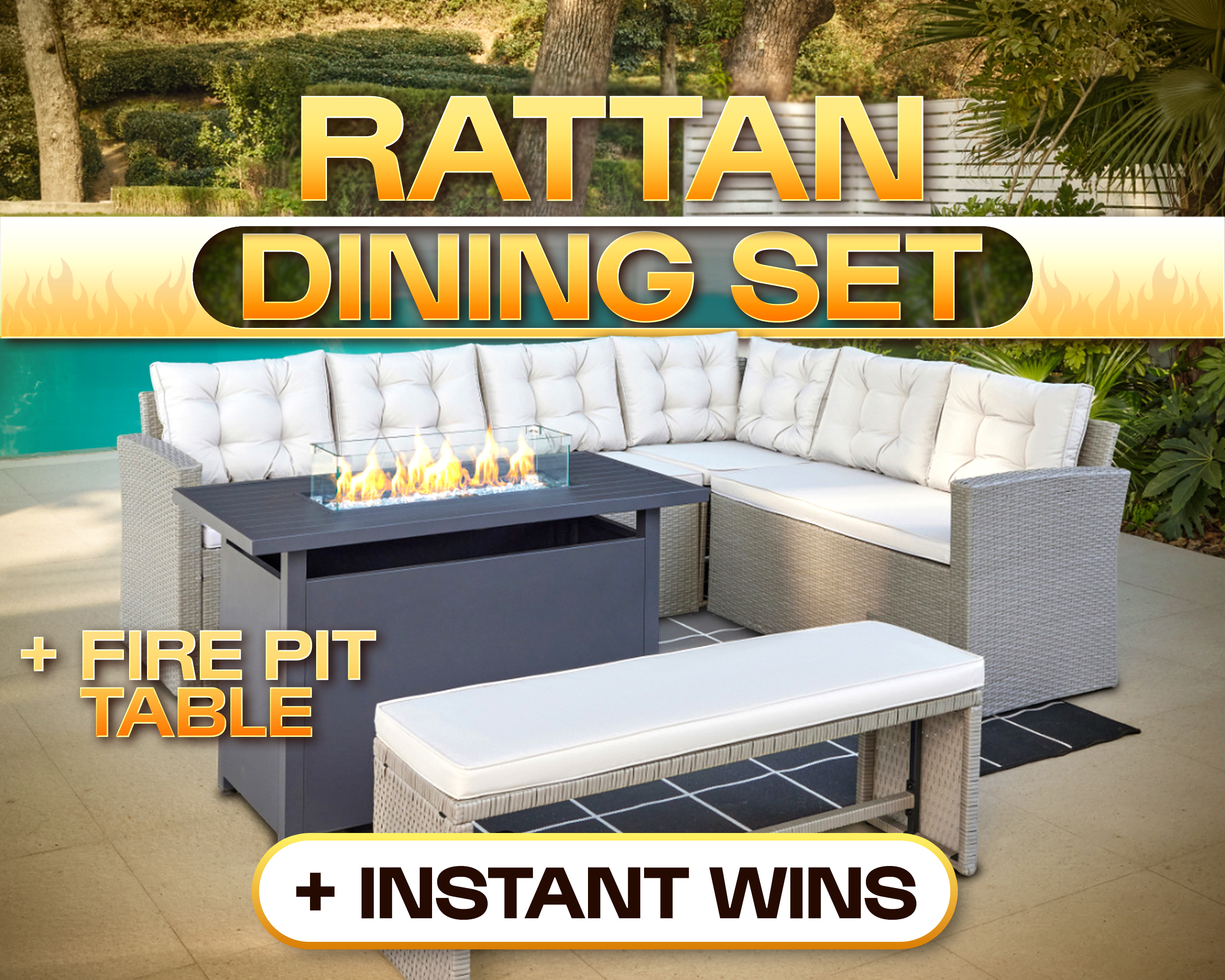 RATTAN DINING SET WITH FIRE PIT TABLE!