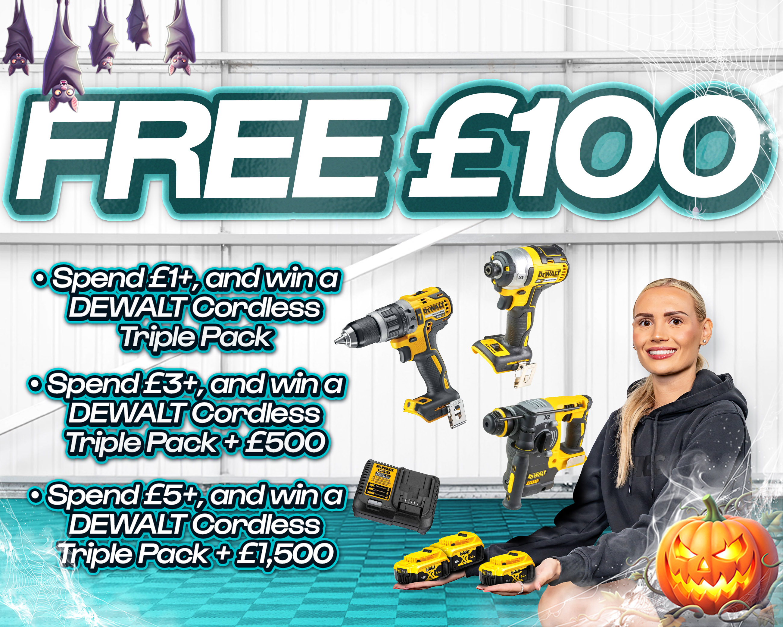 FREE ENTRY - WIN £100 | SPEND £1-£5+ & WIN DEWALT CORDLESS TRIPLE PACK & CASH!